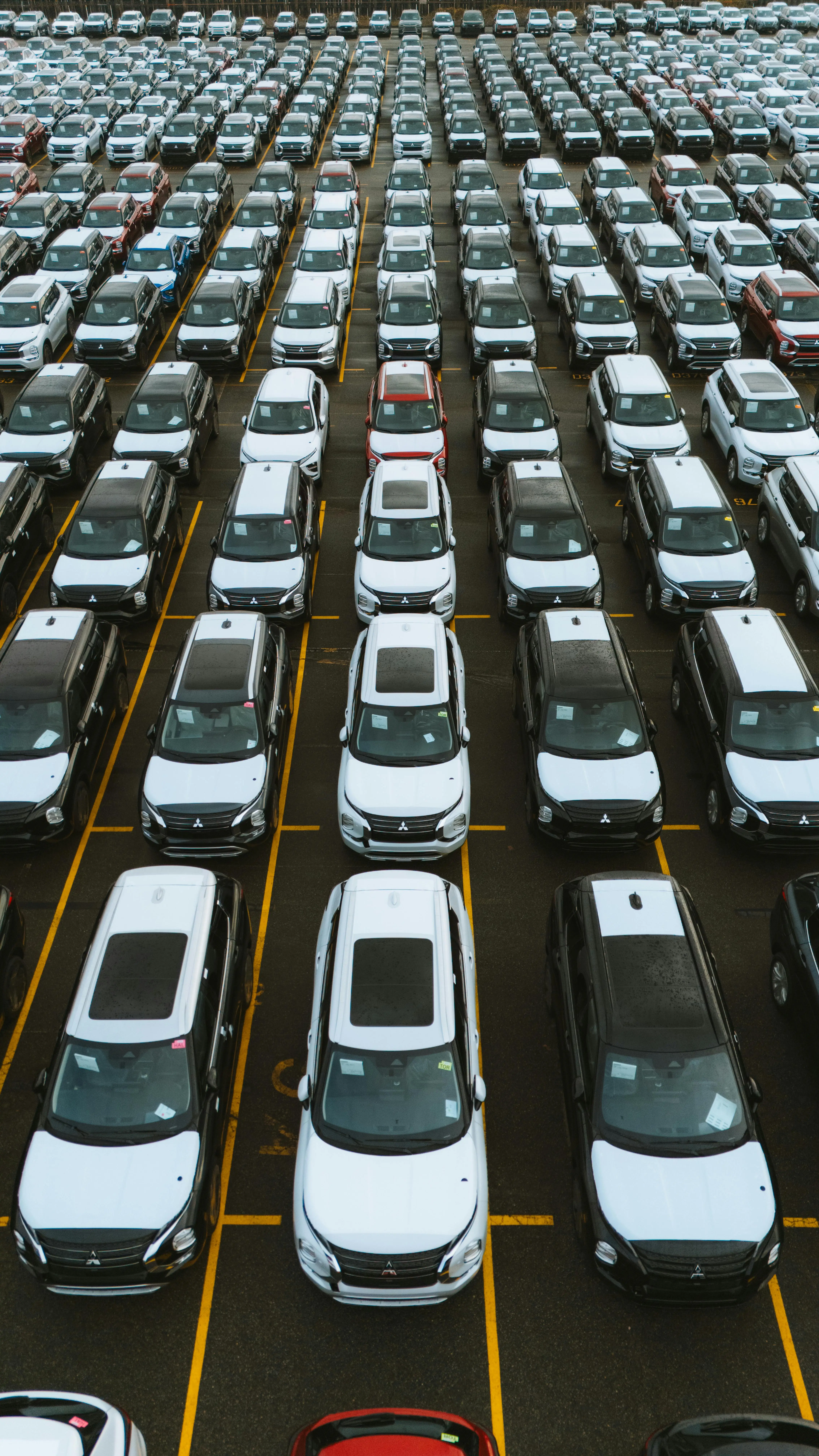 Vehicles lined up outside a high-volume dealership